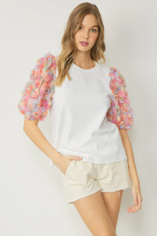 Designer Style 3D Floral Puff Sleeve Top, White