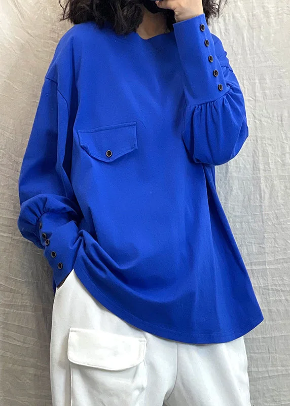 Personalized Clothing Solid Blue O-Neck button Cotton Loose Sweatshirt Long Sleeve