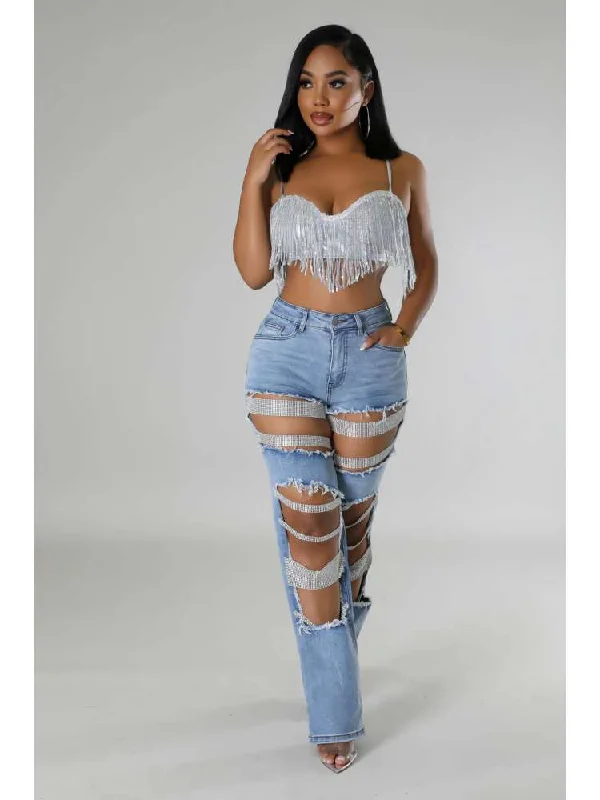 Feminine Charm Rhinestone Hollow-out Denim Ripped Jeans