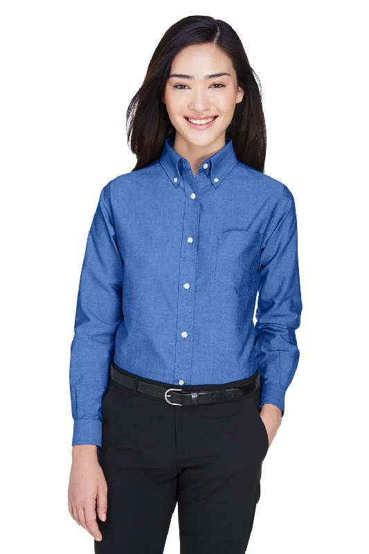 Girl Style UltraClub Womens Classic Oxford Wrinkle Resistant Long Sleeve Button Down Shirt w/ Pocket - French Blue - Closeout