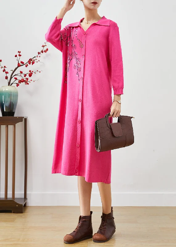 Fashionable And Versatile Italian Rose Print Button Down Knit Long Dress Fall