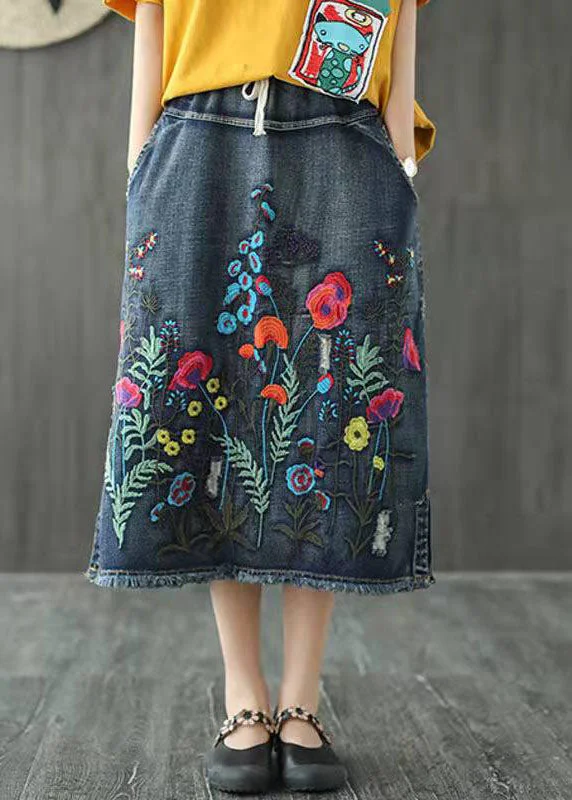 Bottom And Versatile Boho Dark Blue Embroideried Tasseled A Line Summer Skirts Denim