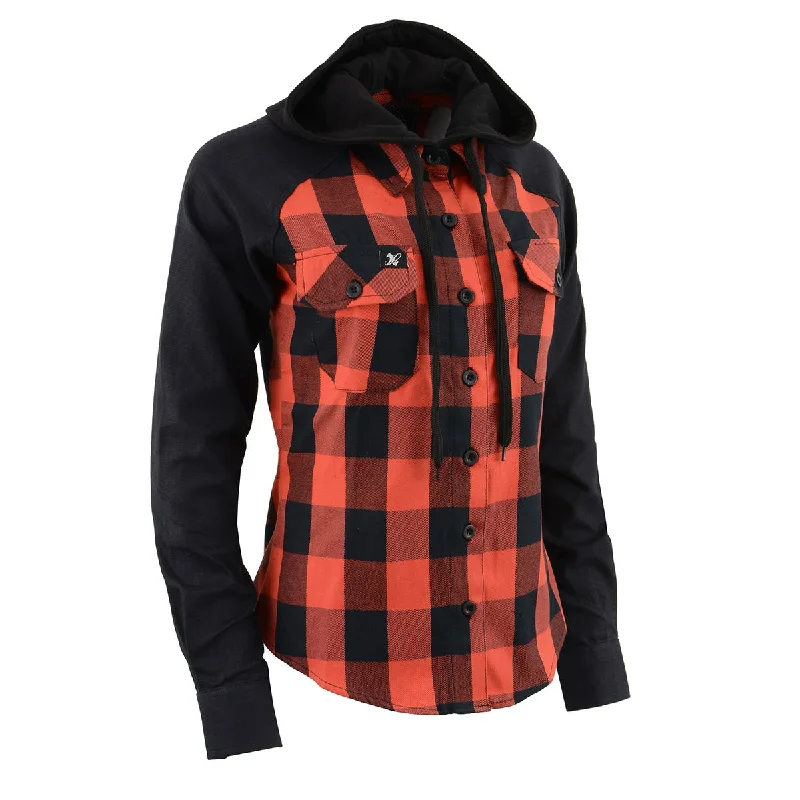 Lazy Home Milwaukee Leather MNG21602 Women's Casual Black and Red Long Sleeve Cotton Flannel Shirt with Hoodie