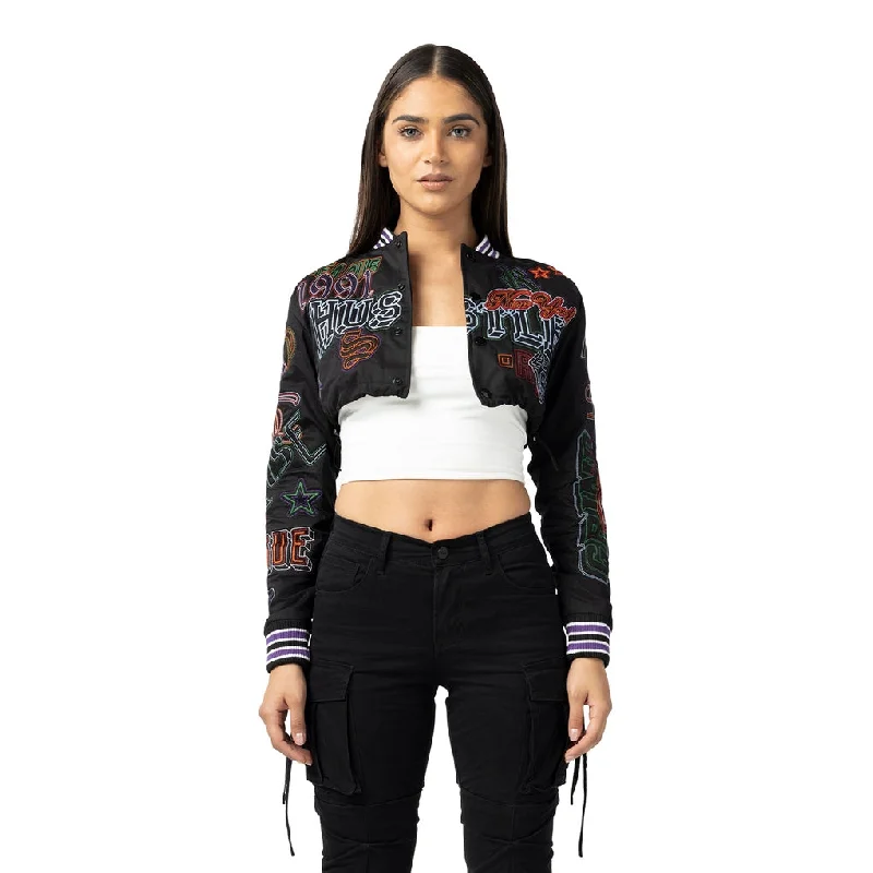 Sports And Leisure Cropped Varsity Embroidered Jacket - Black