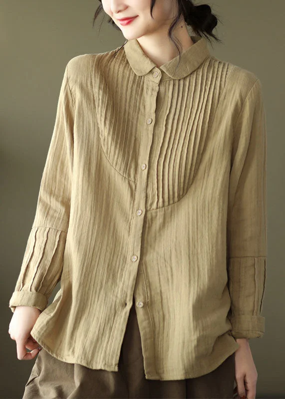 Elegant And Noble Women Khaki Peter Pan Collar wrinkled Cotton Shirt Spring