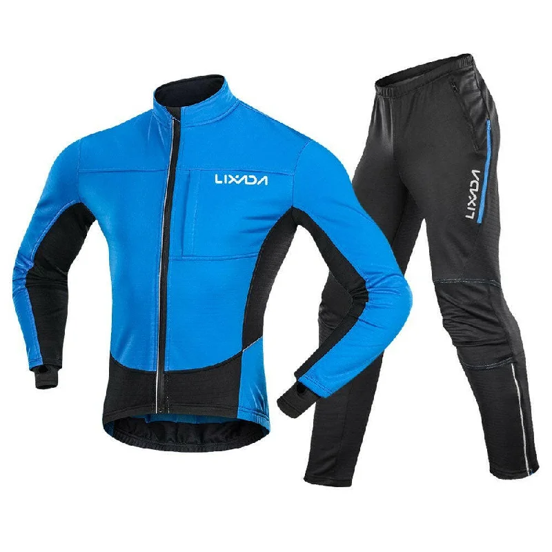 Simple Solid Color Lixada Men Winter Cycling Clothing Set Waterproof Windproof Thermal Fleece Bike Riding Jacket and Pants Sportswear