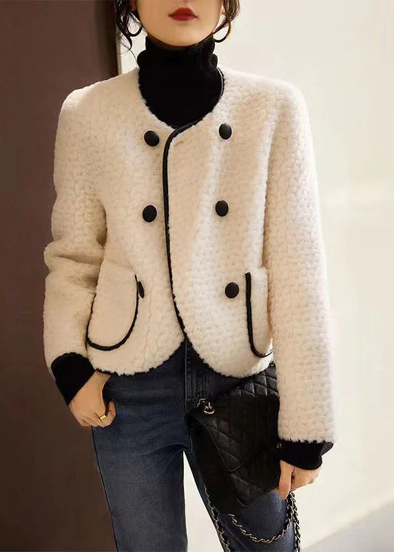 Sports And Leisure French Beige O Neck Pockets Patchwork Wool Coats Winter