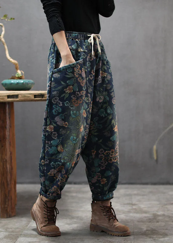 Relaxed And Casual Natural Blue Cinched Print denim Pants Winter