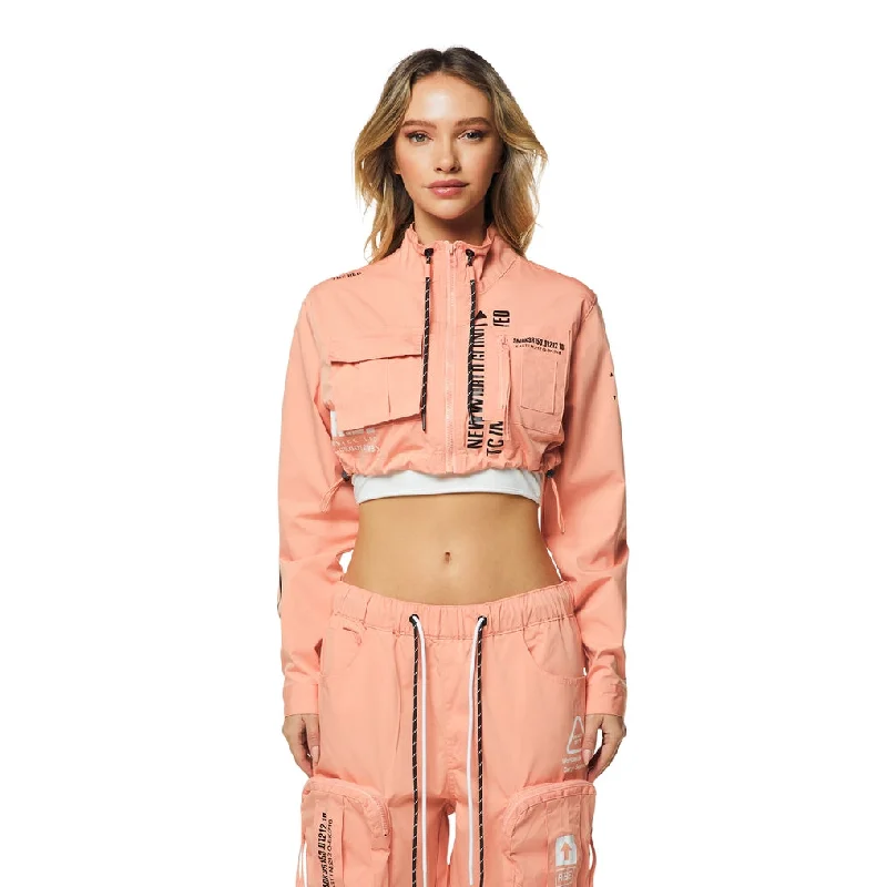 College Style Cropped Utility Full Zip Jacket - Sand Coral