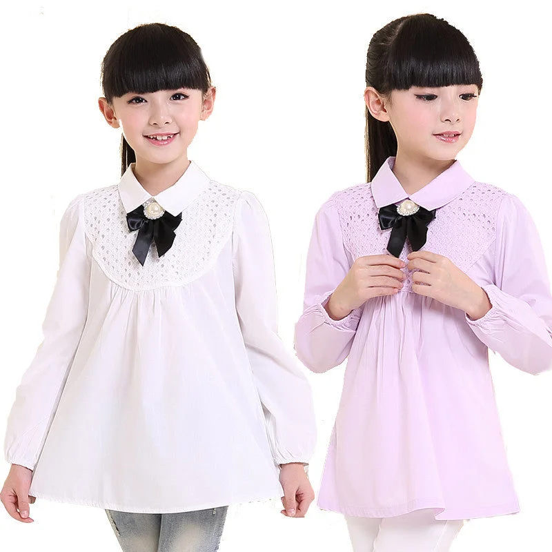 Unique Design Baby children's clothing spring big kids clothes long-sleeve cotton school white & purple lace girls blouse children shirt