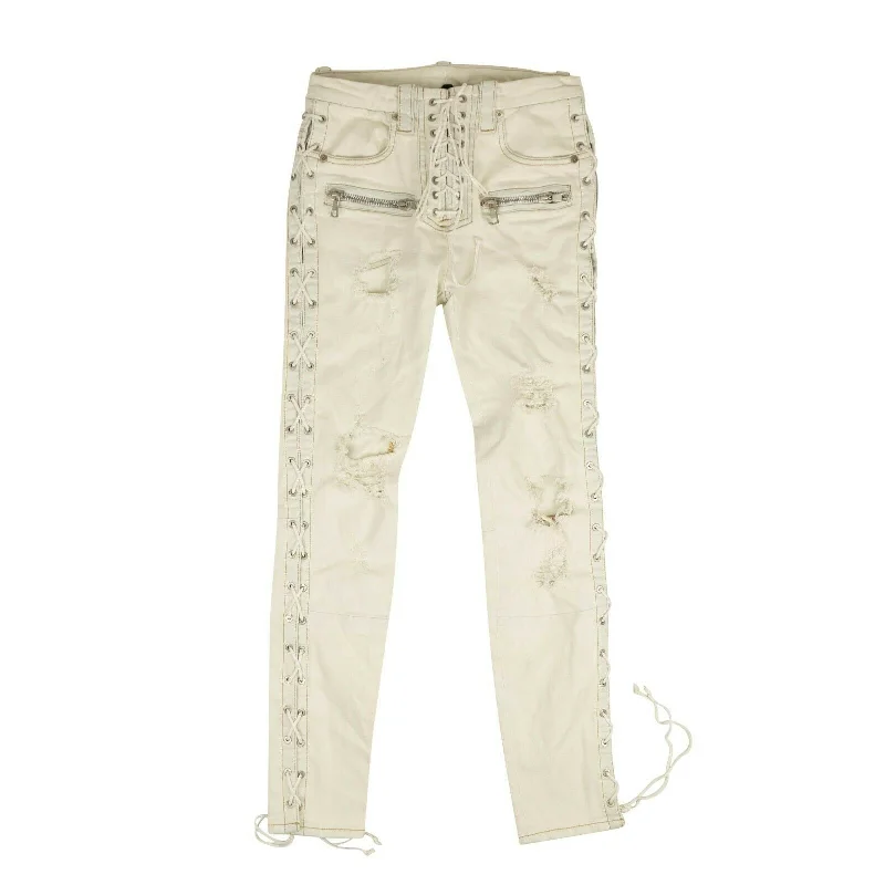 French Retro Unravel Project Washout Denim Side Lace Up Skinny Jeans - White