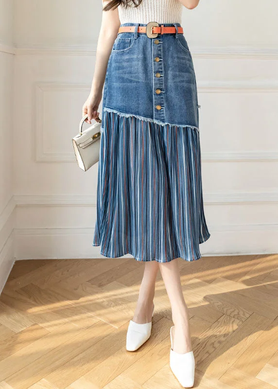 High Street Style Modern Blue High Waist Sashes Asymmetrical Patchwork Cotton Denim Skirts Summer