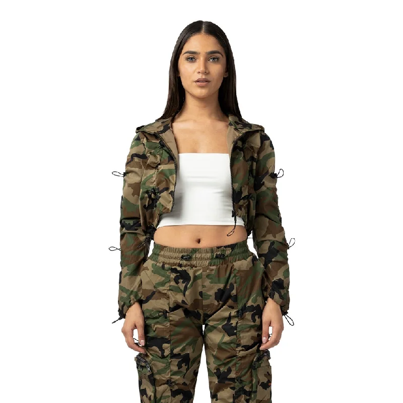 Slim Fit Cropped Full Zip Hoodie Jacket - Wood Camo