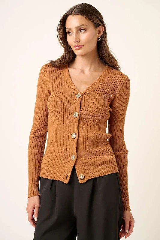 Elegant And Noble Cinnamon Rib Knit Button Front Sweater Cardigan