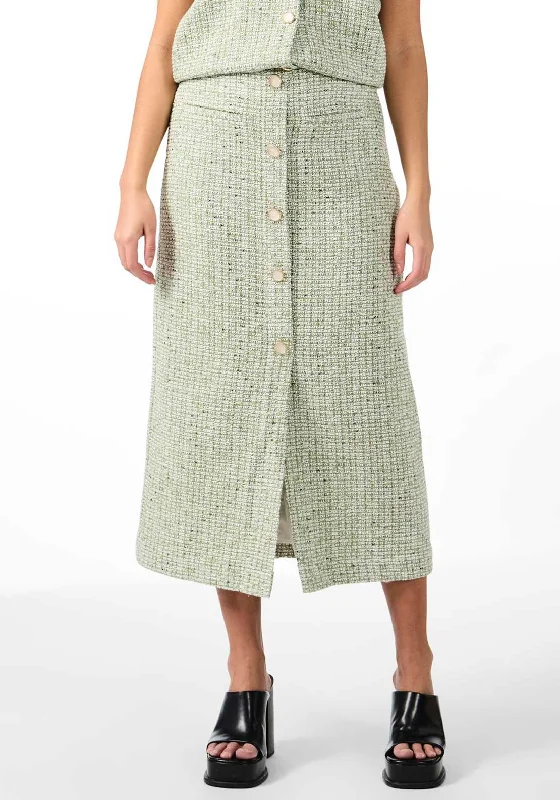 Lively And Youthful Y.A.S Asara Tweed Midi Skirt, Sage