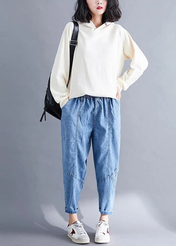 Urban Style Classy Spring Women Pants Fashion Denim Blue Photography Elastic Waist Patchwork Pant