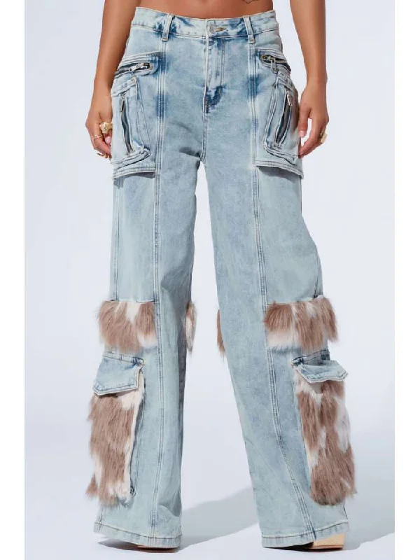 Comfortable And Cold-proof Fluff Cargo Pocket Denim Wide Leg Jeans