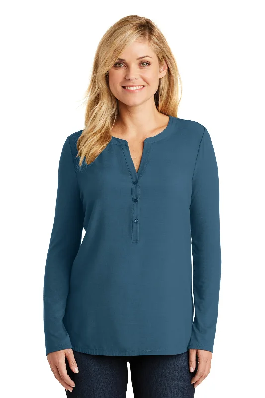 Spring Fashion Port Authority Womens Concept Jersey Long Sleeve Henley T-Shirt - Dusty Blue