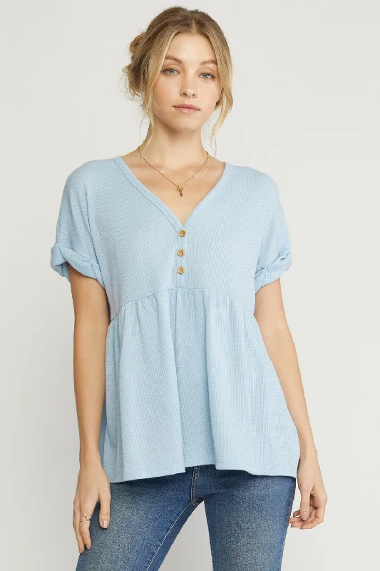 Carefree Style Waffle Knit Babydoll Top, Blue