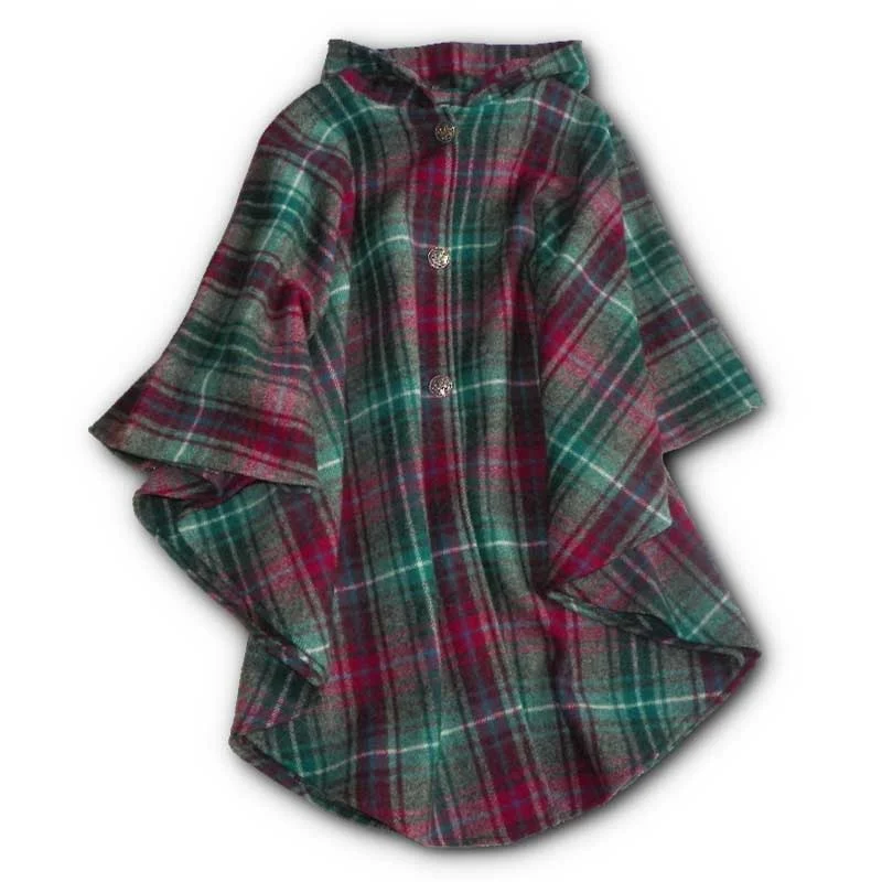 French Retro Traditional Button Cape - Wine Gray & Teal Plaid