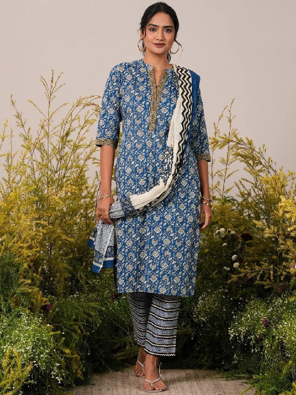 Comfortable And Versatile Blue Printed Cotton Straight Suit With Dupatta