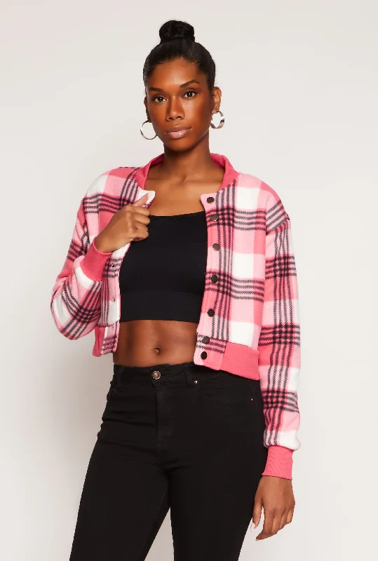 Simple Style Plaid Cropped Bomber Jacket