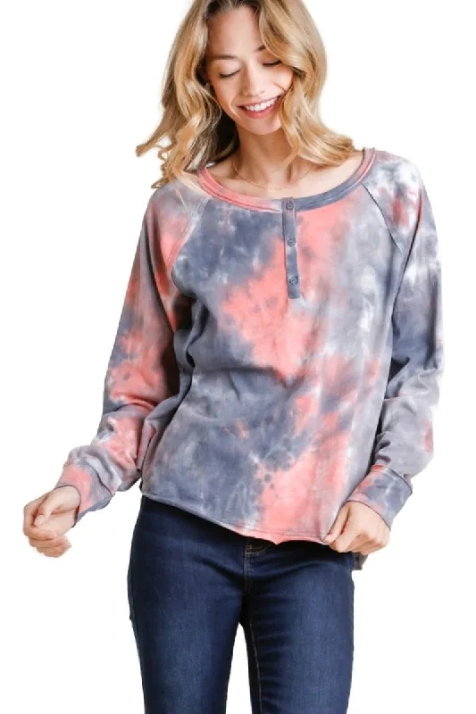 Playful Style Tie Dye Henley Top, Pink