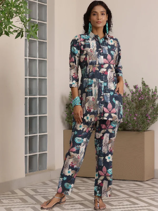 Elegant And Casual Blue Printed Silk Blend Co-Ords