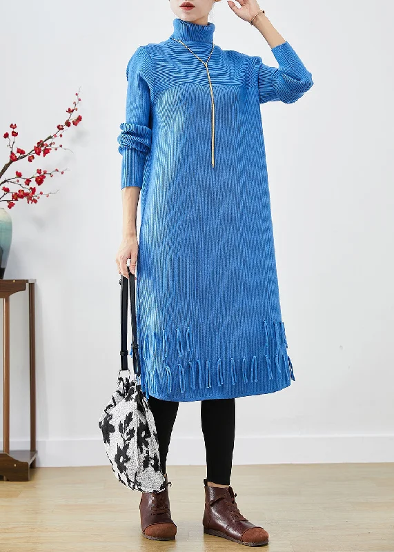 Unique Design Women Blue Turtle Neck Tasseled Knitted Dress Fall