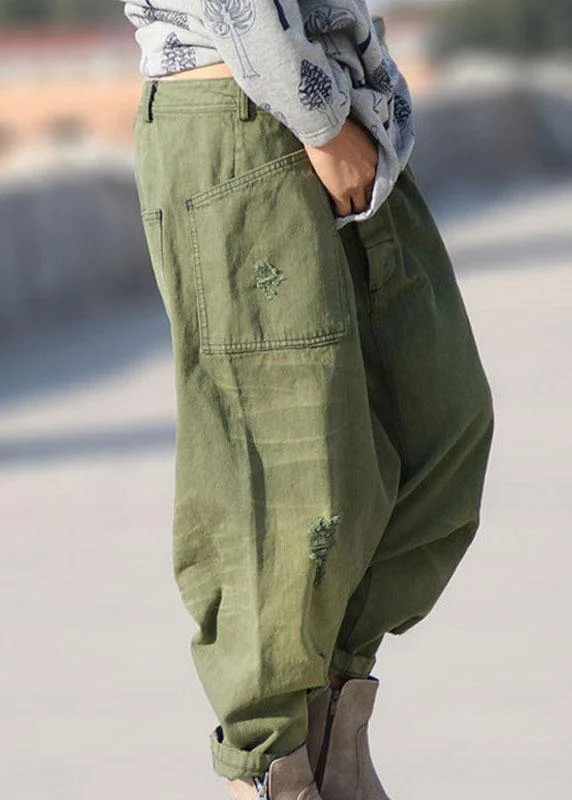 Classic Organic Green Pockets Hole Harem Fall Denim Pants