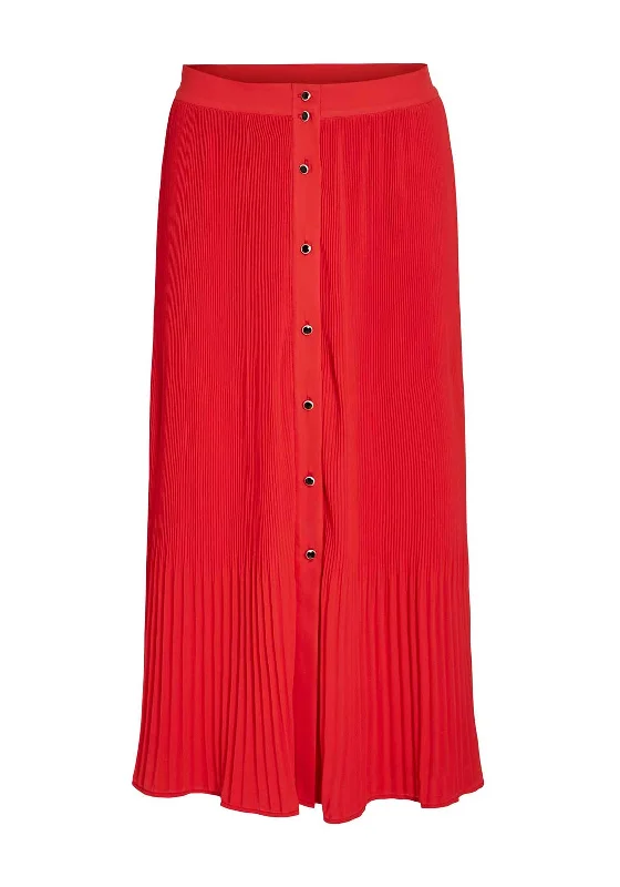 Designer Style Vila Yasmin Button Pleated Midi Skirt, Tomato