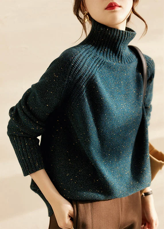 New Products French Peacock Green Hign Neck Thick Woolen Knit Pullover Fall