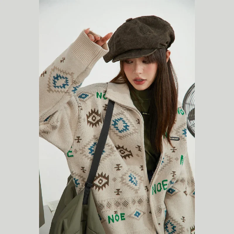 Embroidered Letters Vintage Mix Pattern Outer Jacket