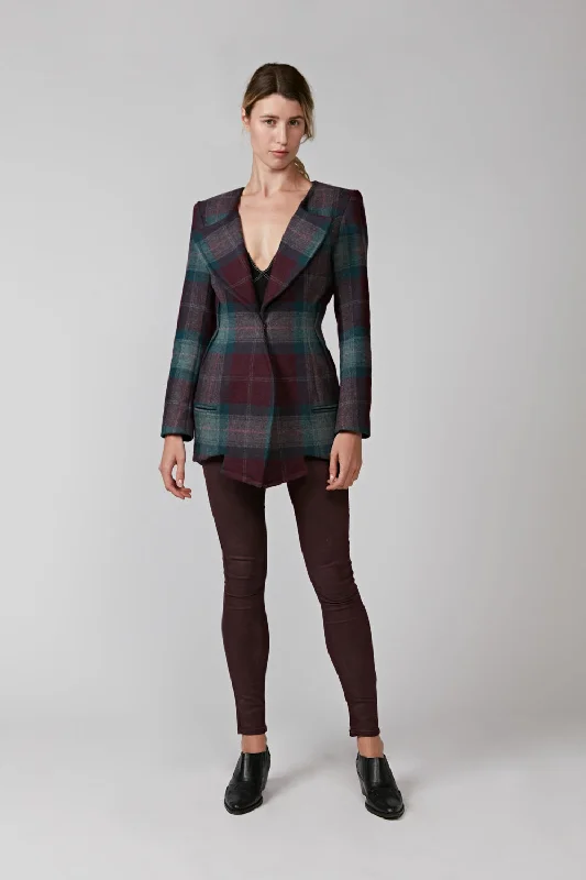 New Autumn And Winter Styles The Signature Jacket in structured British wool with a bold check in burgundy and teal.