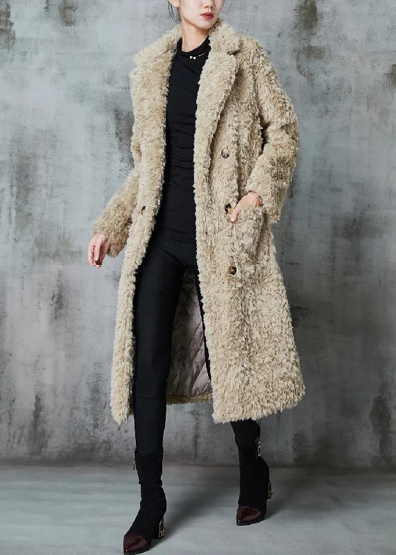 Personalized Design Fashion Khaki Double Breast Thick Fuzzy Fur Fluffy Coats Winter