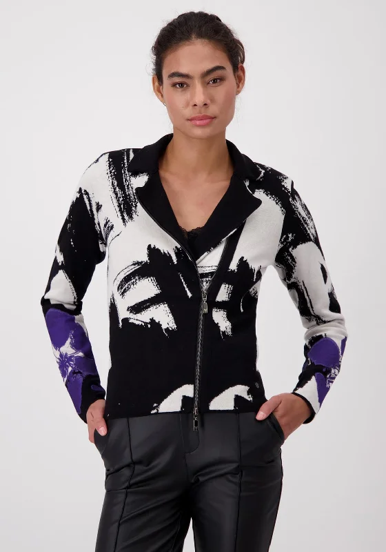 Warm Atmosphere Monari Abstract Print Lapel Collar Short Jacket, Black