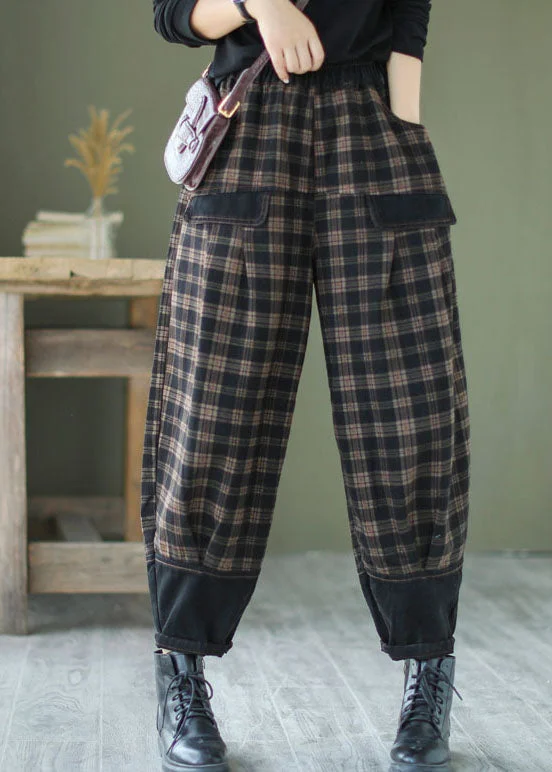 Sexy Fun French Black Plaid Patchwork denim Pants Spring