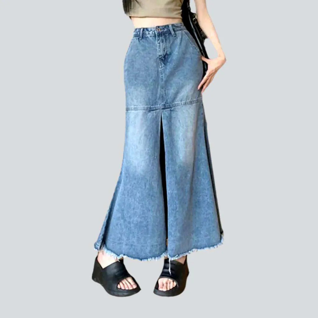 Fashionable And Versatile Floor length raw hem denim skirt