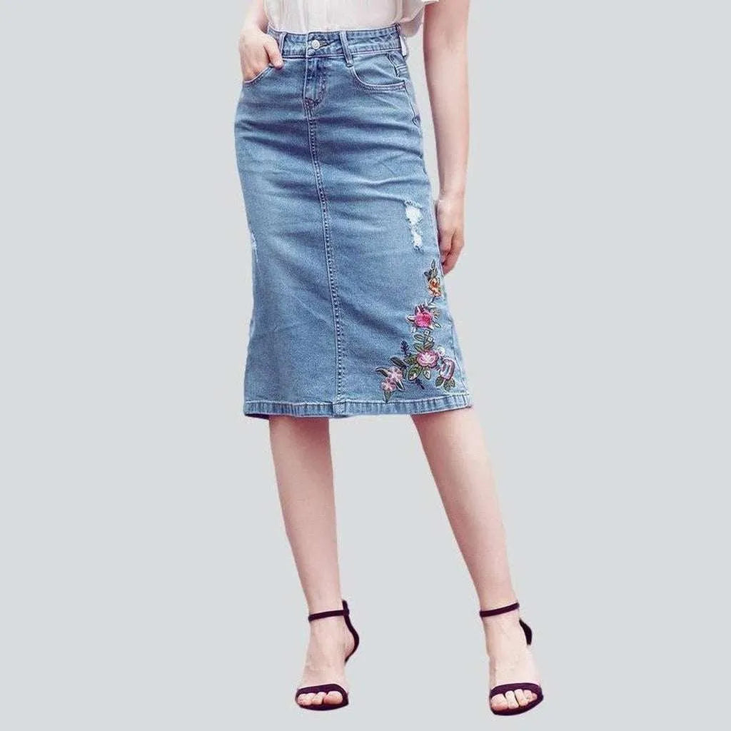 Celebrity Must-have Embroidered ripped midi denim skirt