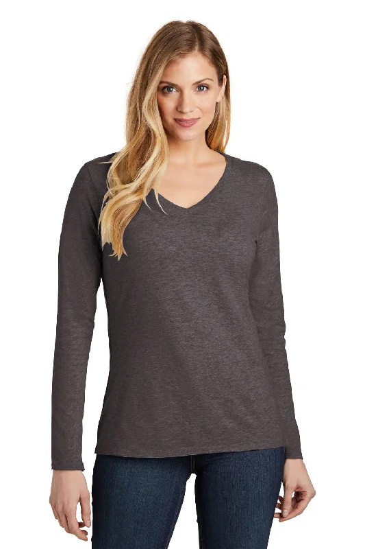 Simple Matching District Womens Very Important Long Sleeve V-Neck T-Shirts - Heather Charcoal Grey