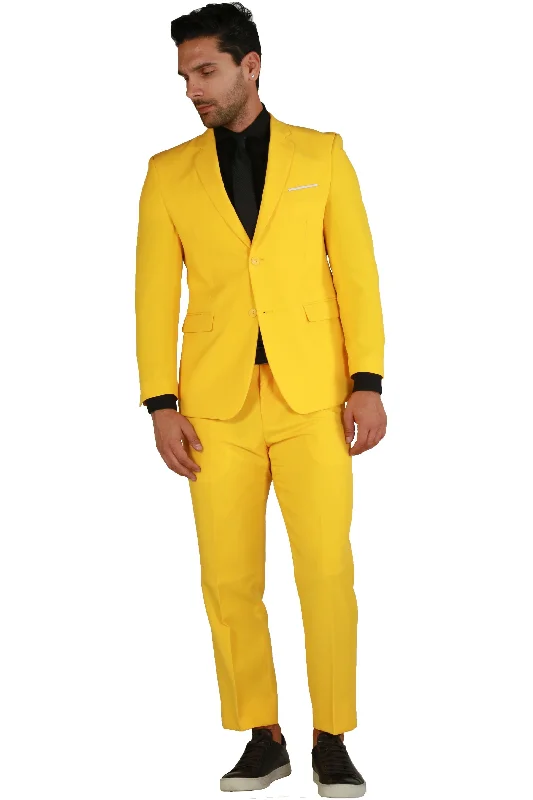 Sports Fashion Paul Lorenzo 1969 Yellow Solid Slim Fit Suit (2-Piece Set)