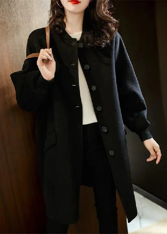 Unique Design Loose Black Button Pockets Patchwork Woolen Coats Winter