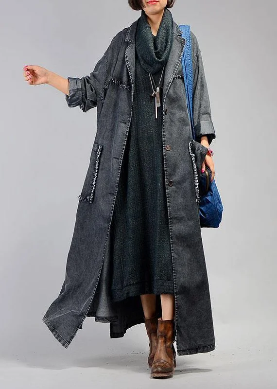 Cute Style New plus size maxi coat fall denim black Notched Large pockets coat for woman