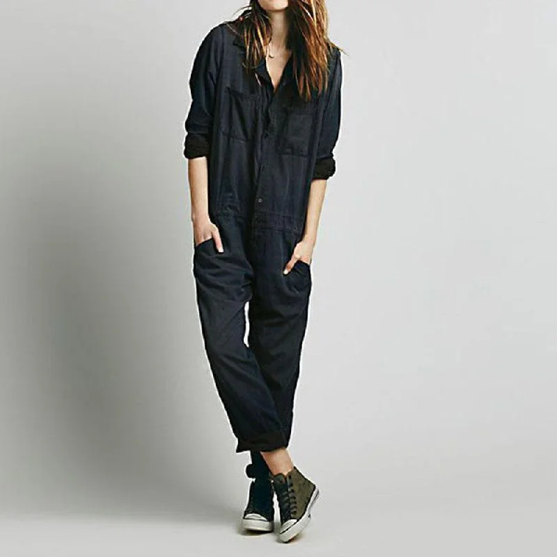 Fashion Style Black Cusual Fall Pocket Jumpsuits