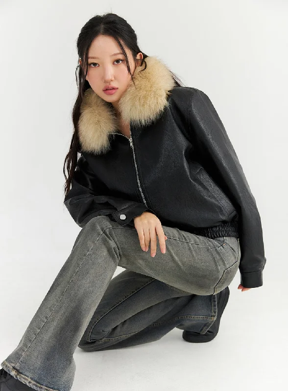 Double-sided Wear Faux Leather Jacket with Fur Collar CN303