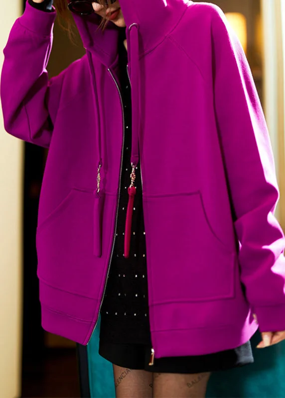 European And American Style Plus Size Purple Hooded Zippered Pockets Cotton Coats Spring