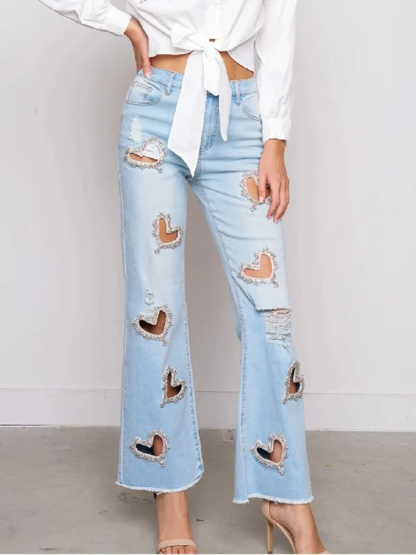 Retro Fashion Heart Embellished Hollow-out Wide Leg Jeans