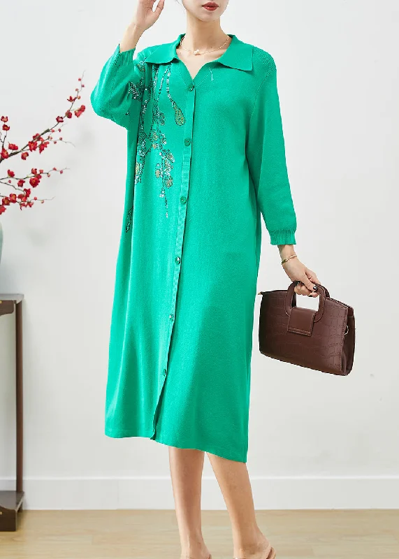 Dynamic Fashion DIY Green Oversized Hot Fixrhinestone Knit Mid Dress Fall