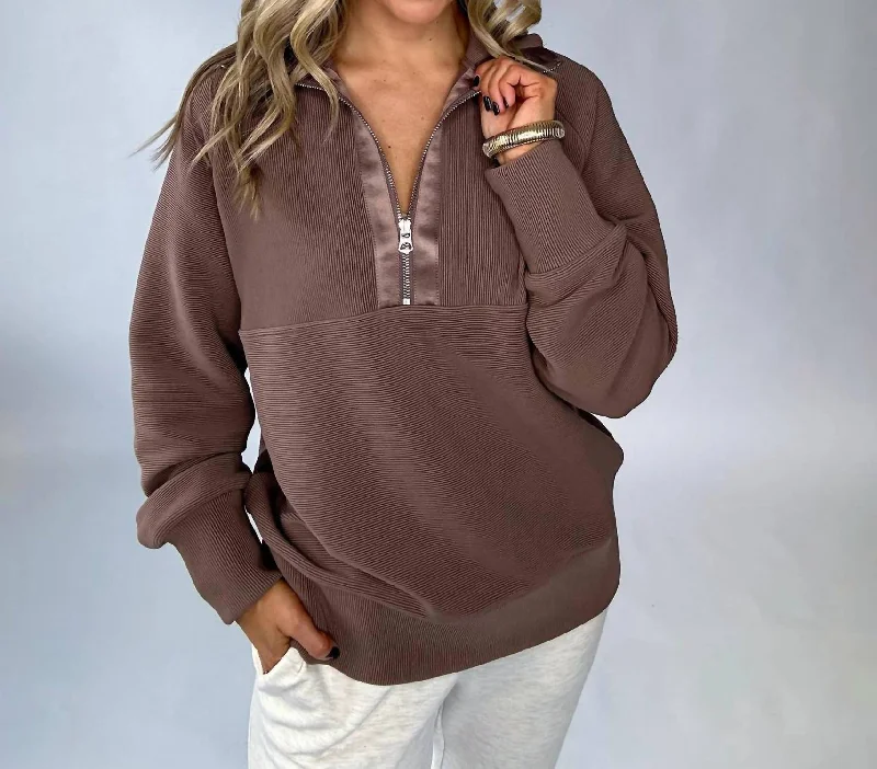 Noble And Elegant Lismore Half Zip Sweater Top In Deep Taupe