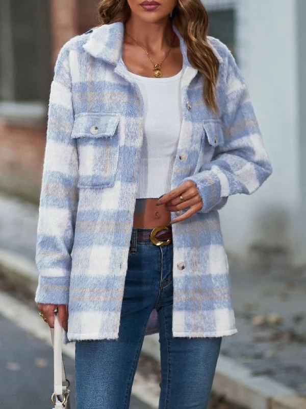 Playful Style Oversized Fuzzy Plaid Jacket for Women